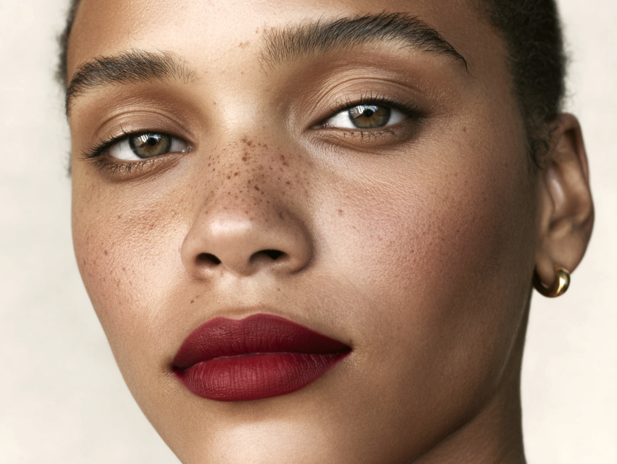 AI-generated beauty portrait — woman with freckles and berry lip, editorial close-up, Leonardo