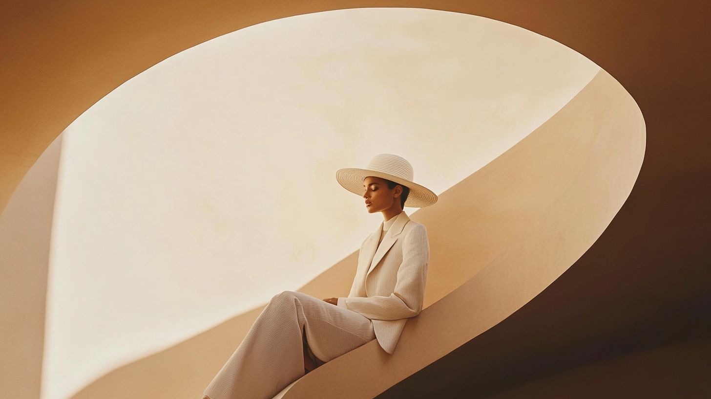 AI-generated editorial photography — woman in hat architectural curve of light, Adobe Firefly
