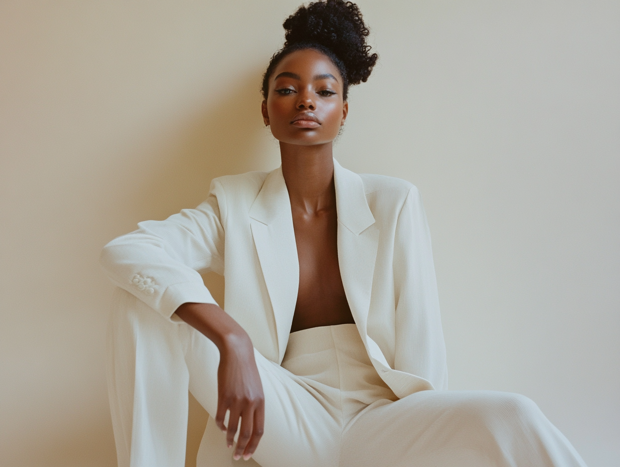 AI-generated fashion editorial — Black woman in white blazer seated, generative AI 