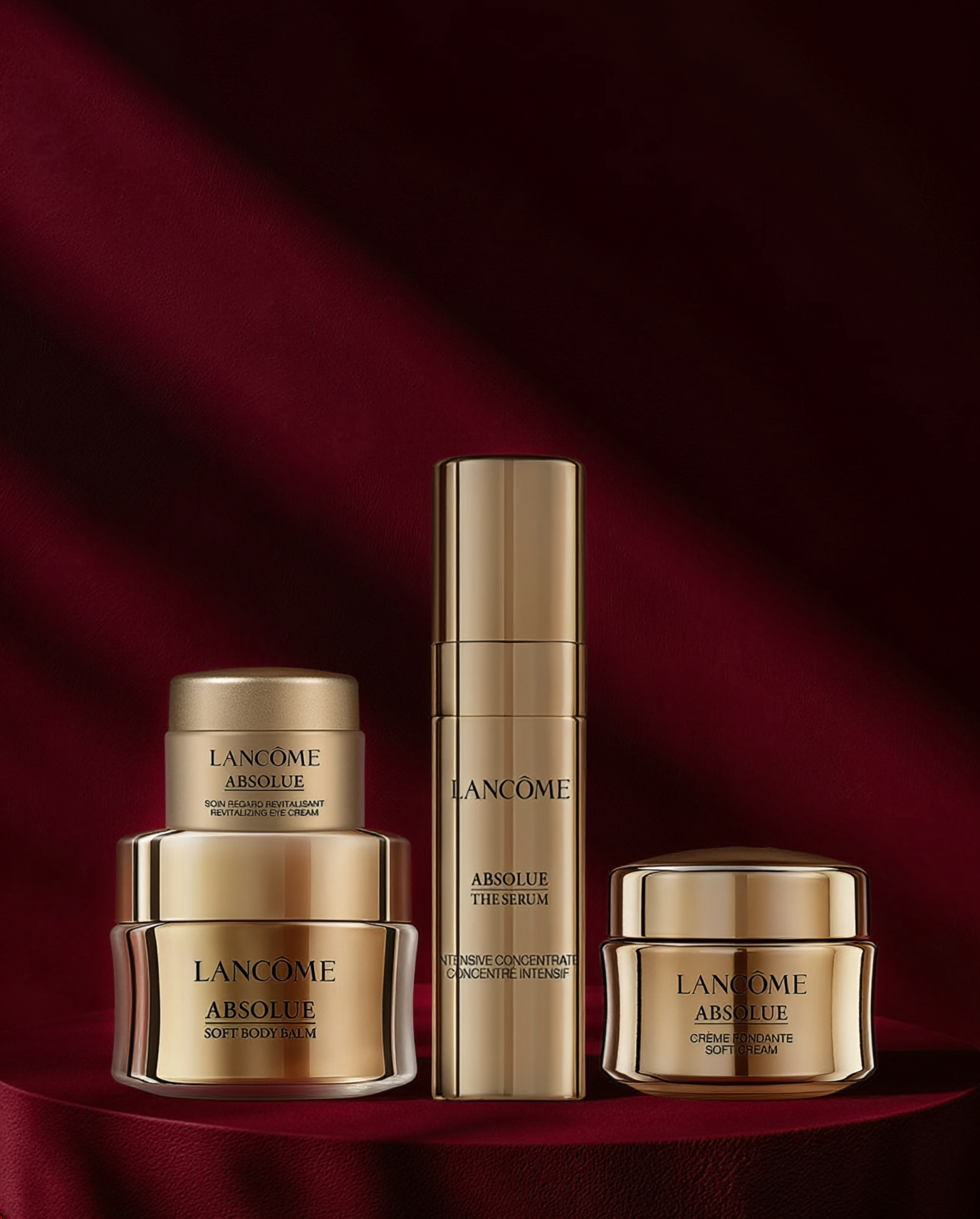 AI-generated luxury gold skincare product campaign on deep red background, Adobe Firefly