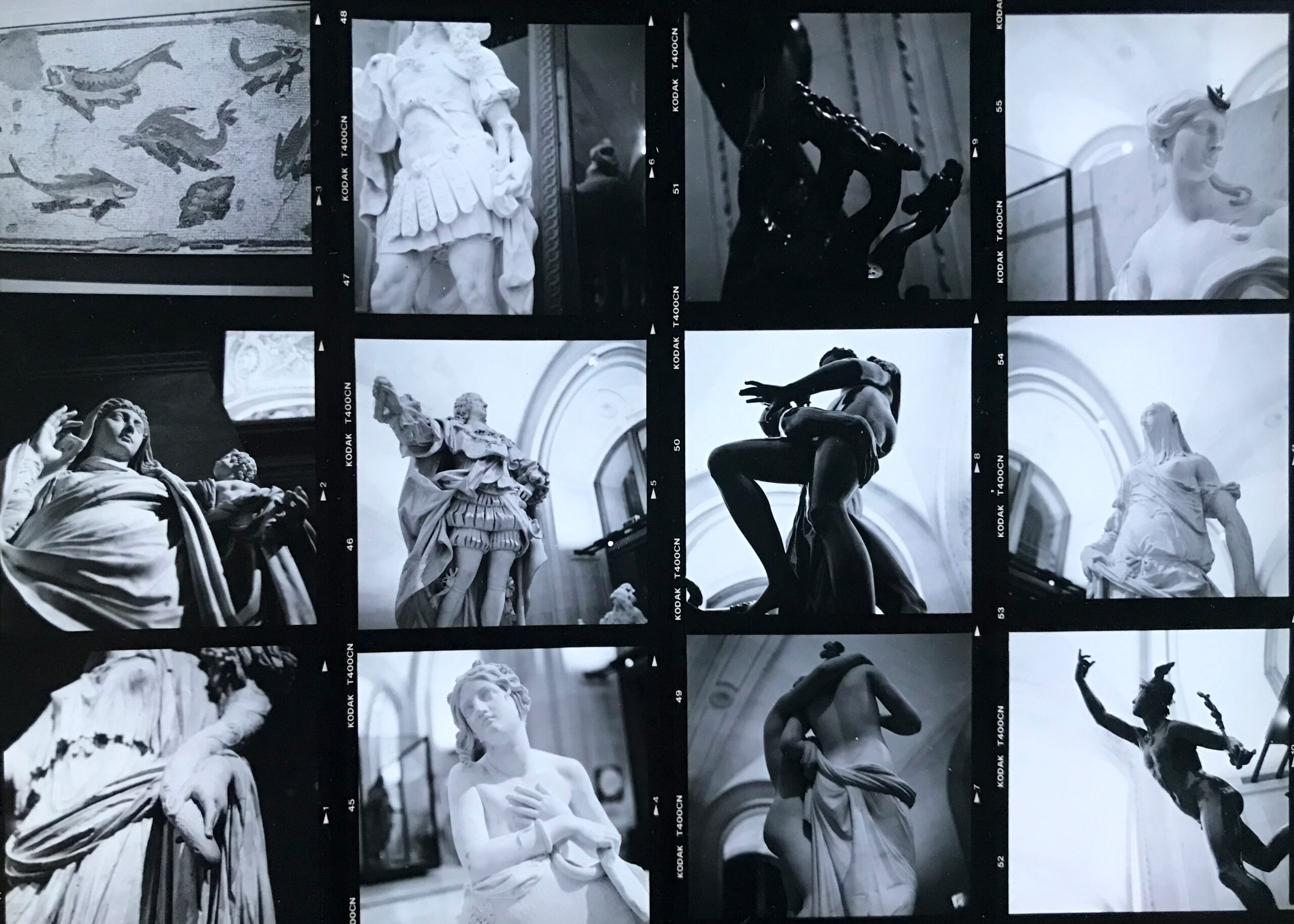 Kodak T400CN contact sheet classical sculptures museum film photography black and white