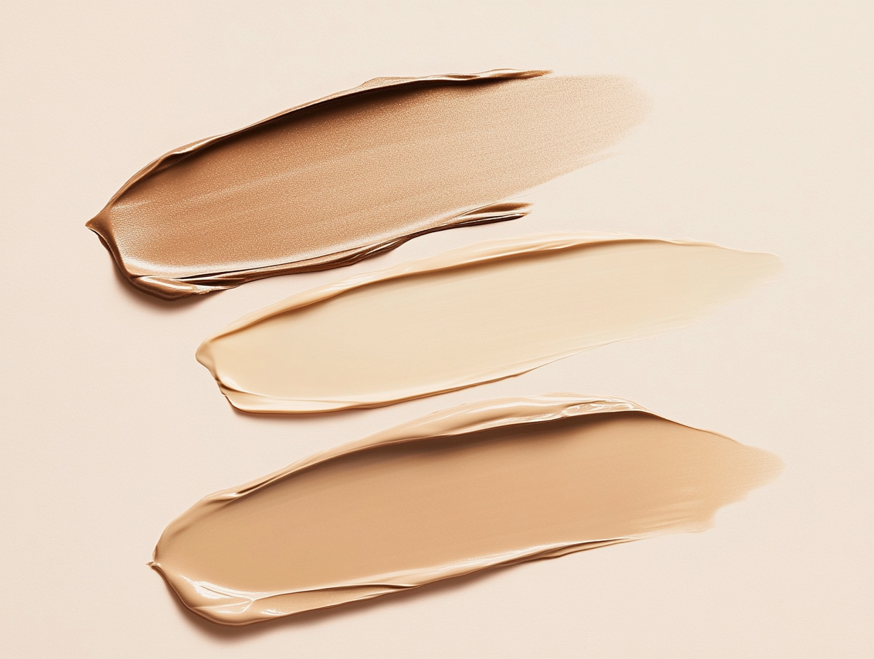 AI-generated foundation and concealer swatches in nude and beige tones, beauty editorial