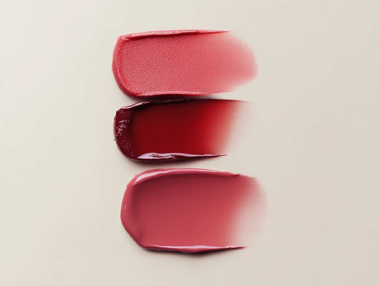 AI-generated pink and rose lip products stacked, beauty editorial flatlay, Midjourney