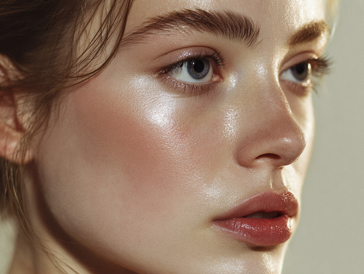 AI-generated beauty portrait, warm skin tone and soft pink lip, editorial closeup, Midjourney