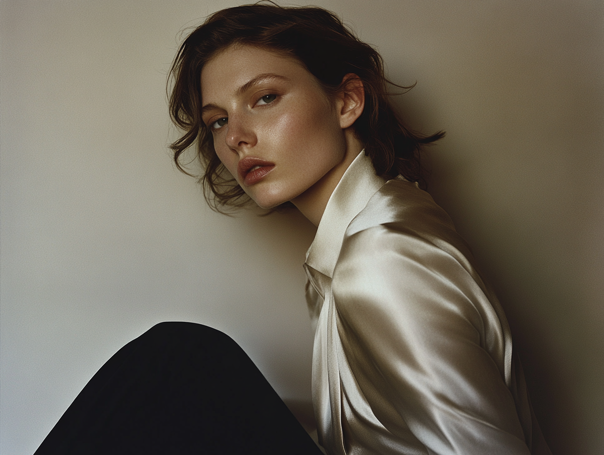 AI-generated minimalist fashion editorial, woman in white against neutral background, luxury aesthetic