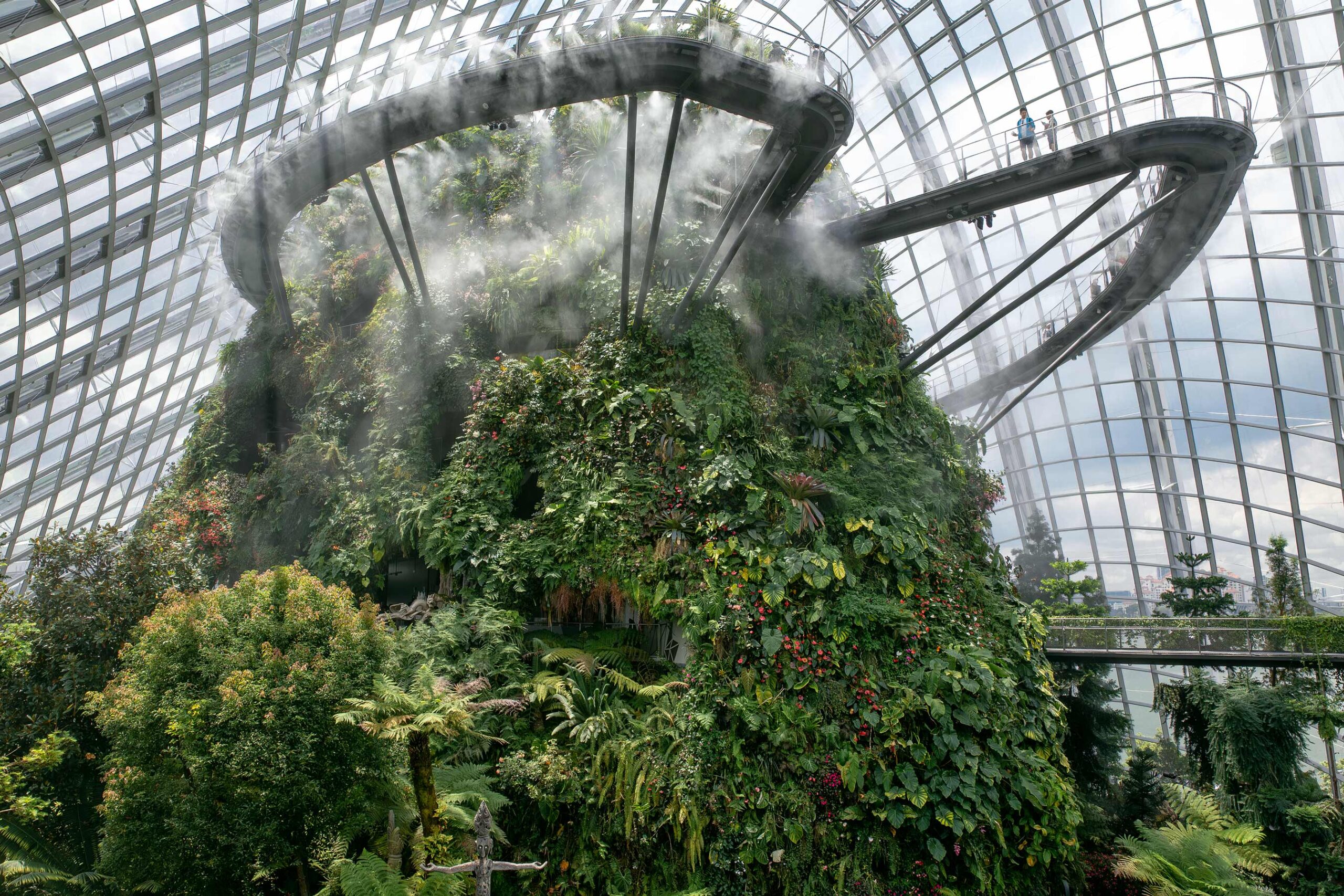 Cloud Forest indoor waterfall mountain lush tropical Gardens by the Bay Singapore travel editorial photography