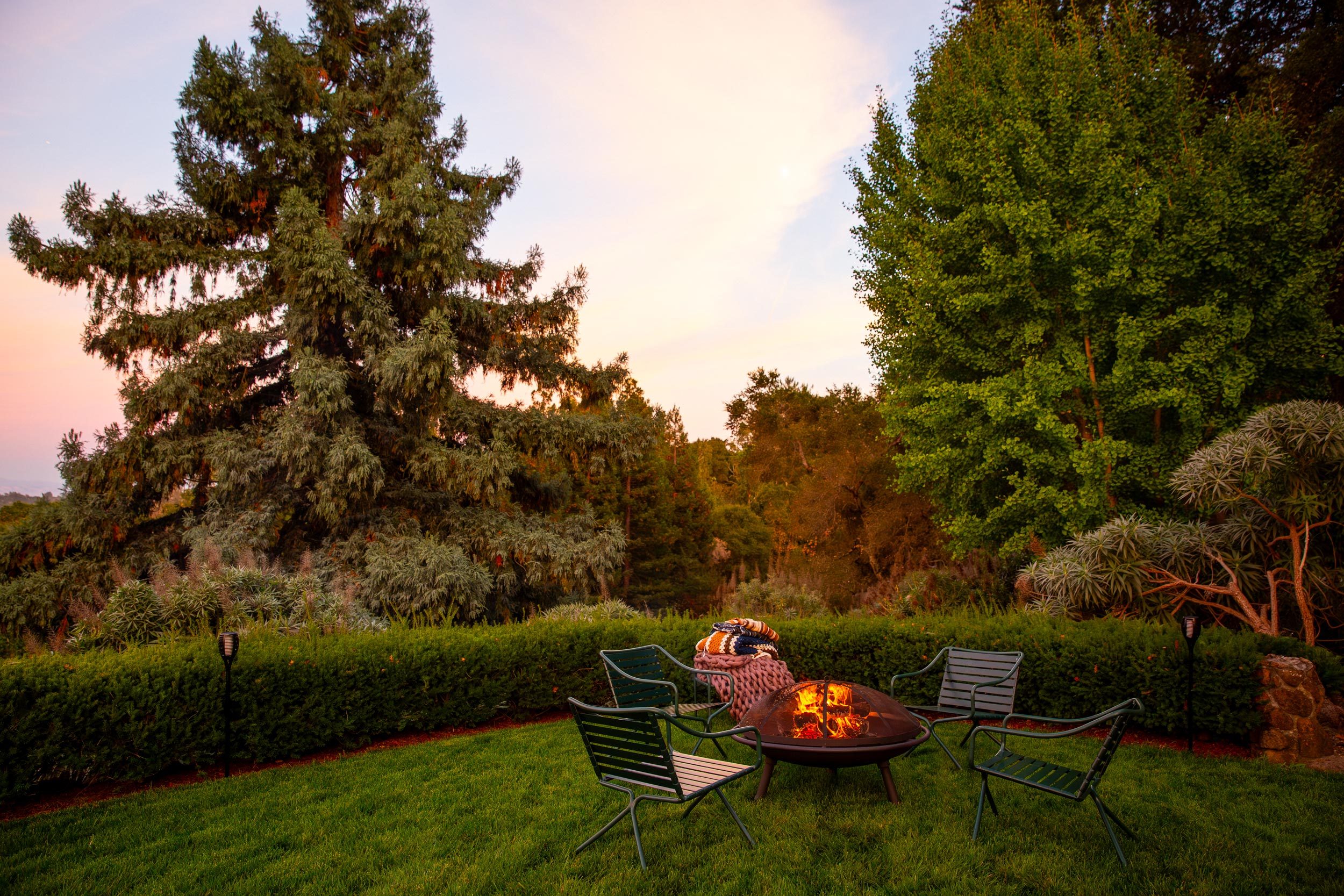 Northern California private estate grounds at golden sunset, luxury lifestyle landscape photography
