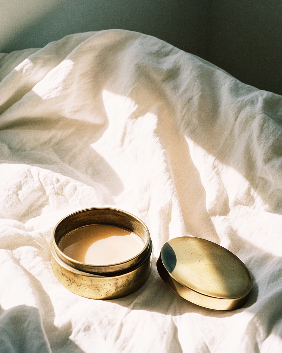 AI-generated still life, open aged brass jar on white linen, warm intimate light, analog photography aesthetic, Second Skin series