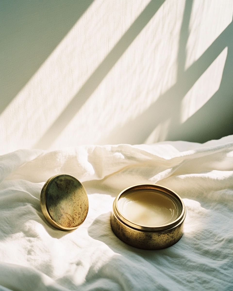 AI-generated still life, aged brass balm jar on rumpled linen, window shadow geometry, analog film quality, Second Skin series