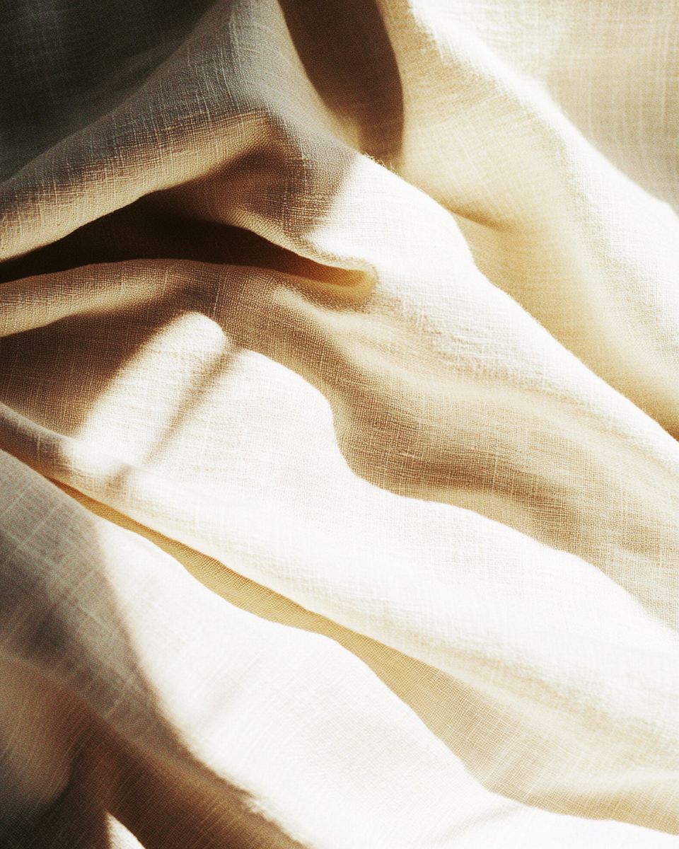 AI-generated macro linen fabric texture, warm raking light, deep shadows in weave, analog film quality, Second Skin series