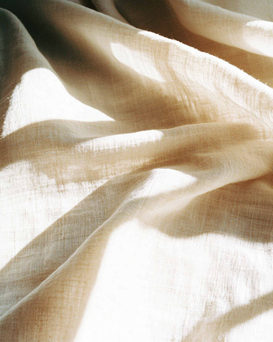 AI-generated macro linen fabric closeup, ivory tones, soft shadow, tactile analog quality, Second Skin series