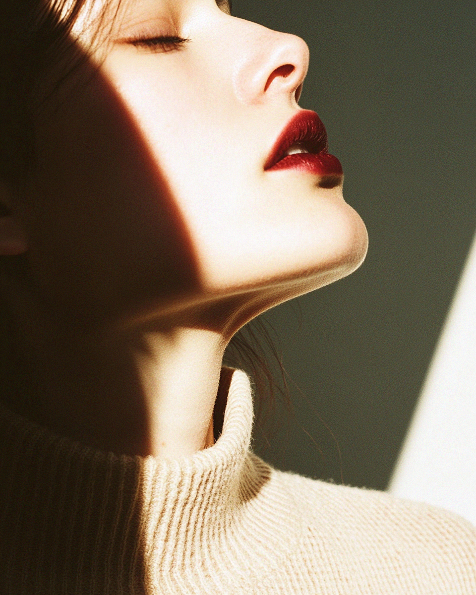 AI-generated beauty editorial, oxblood lip in profile, chin tilted up, oat turtleneck, diagonal shadow, analog film aesthetic, Second Skin series