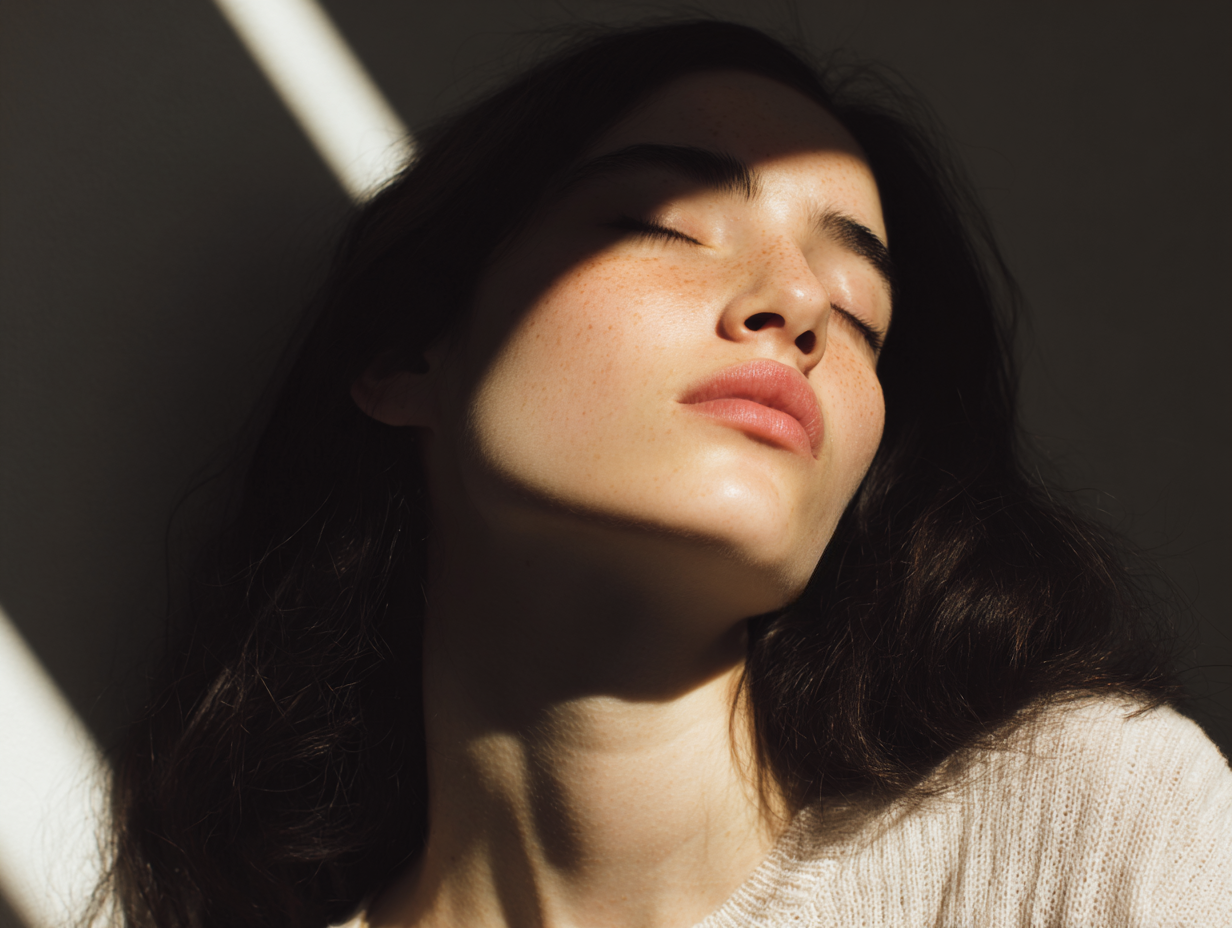 AI-generated portrait, woman facing camera head tilted back eyes closed, diagonal window shadow, faint natural sun spots, dark hair, oat cashmere, analog film aesthetic, Second Skin series