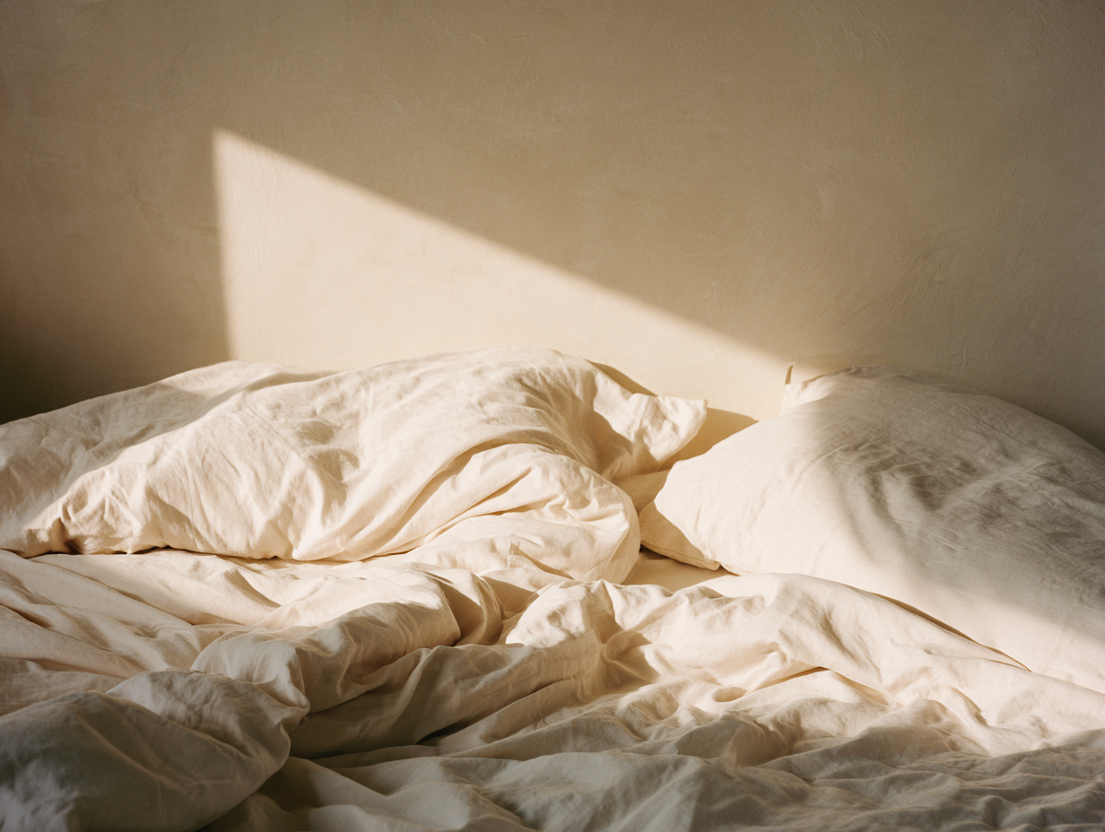 AI-generated still life, unmade bed with rumpled ivory linen, warm morning window light casting diagonal shadow on plaster wall, analog film aesthetic, Second Skin series