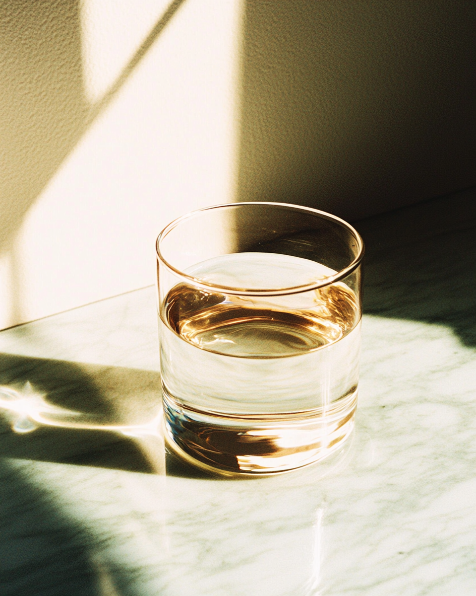 AI-generated still life, glass of water on grey-green marble, warm morning light refraction, analog film quality, Second Skin series