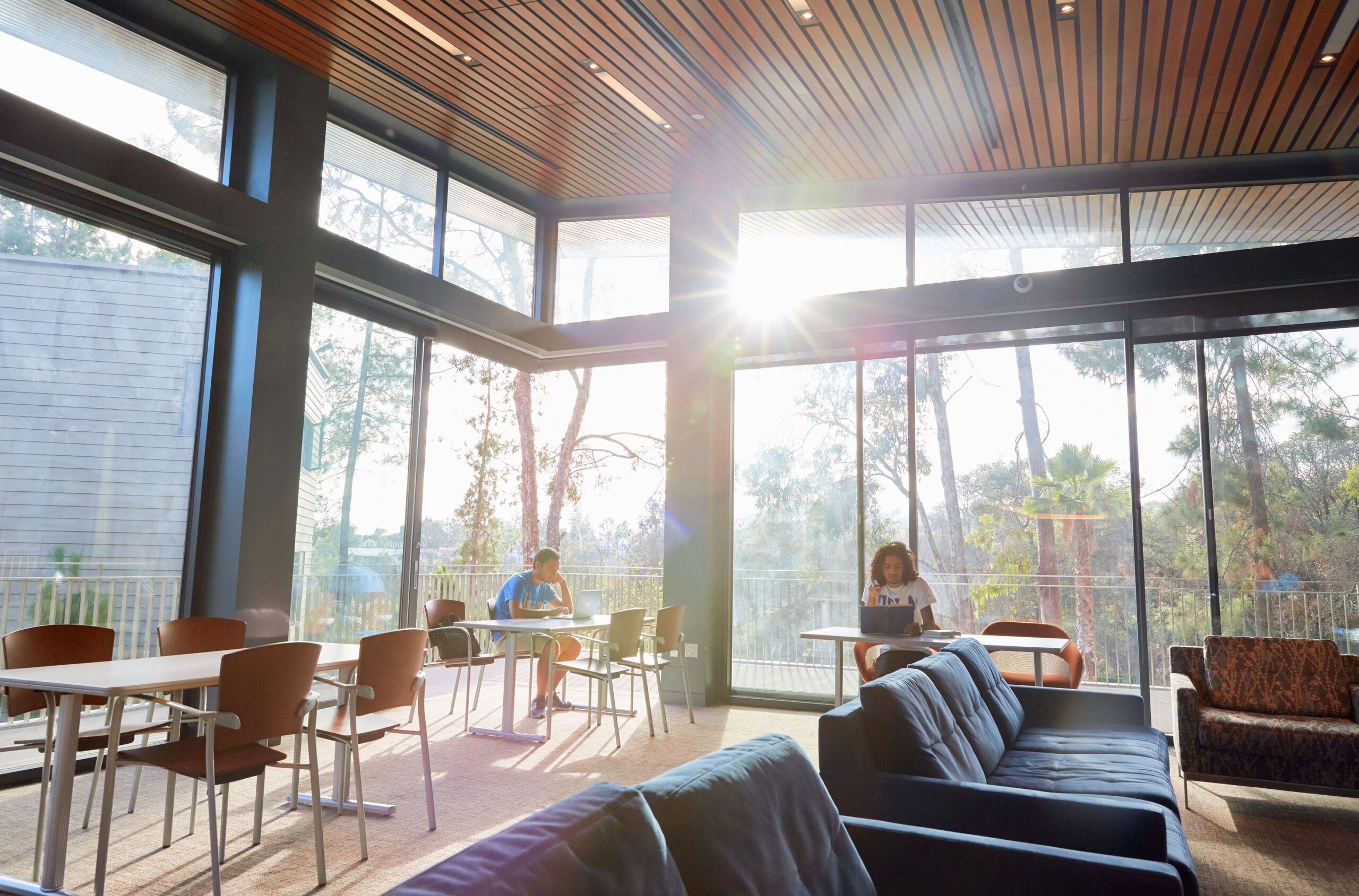 Students studying in UCLA campus lounge with floor-to-ceiling windows and wood ceiling, lifestyle brand photography